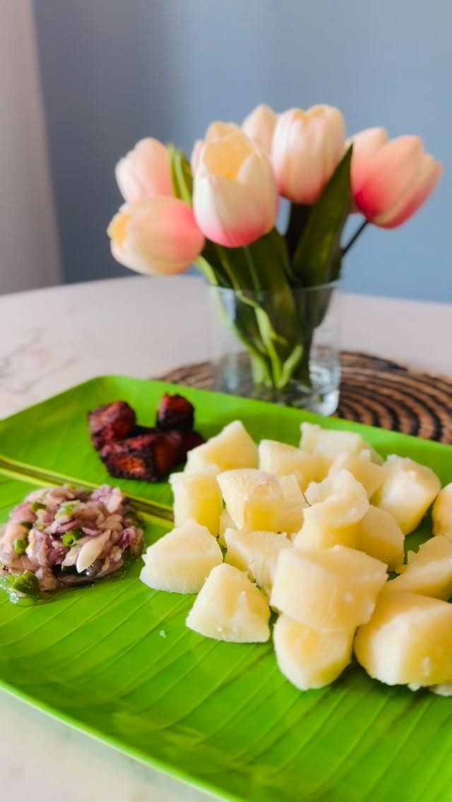 Boiled Kerala tapioca on a banana leaf